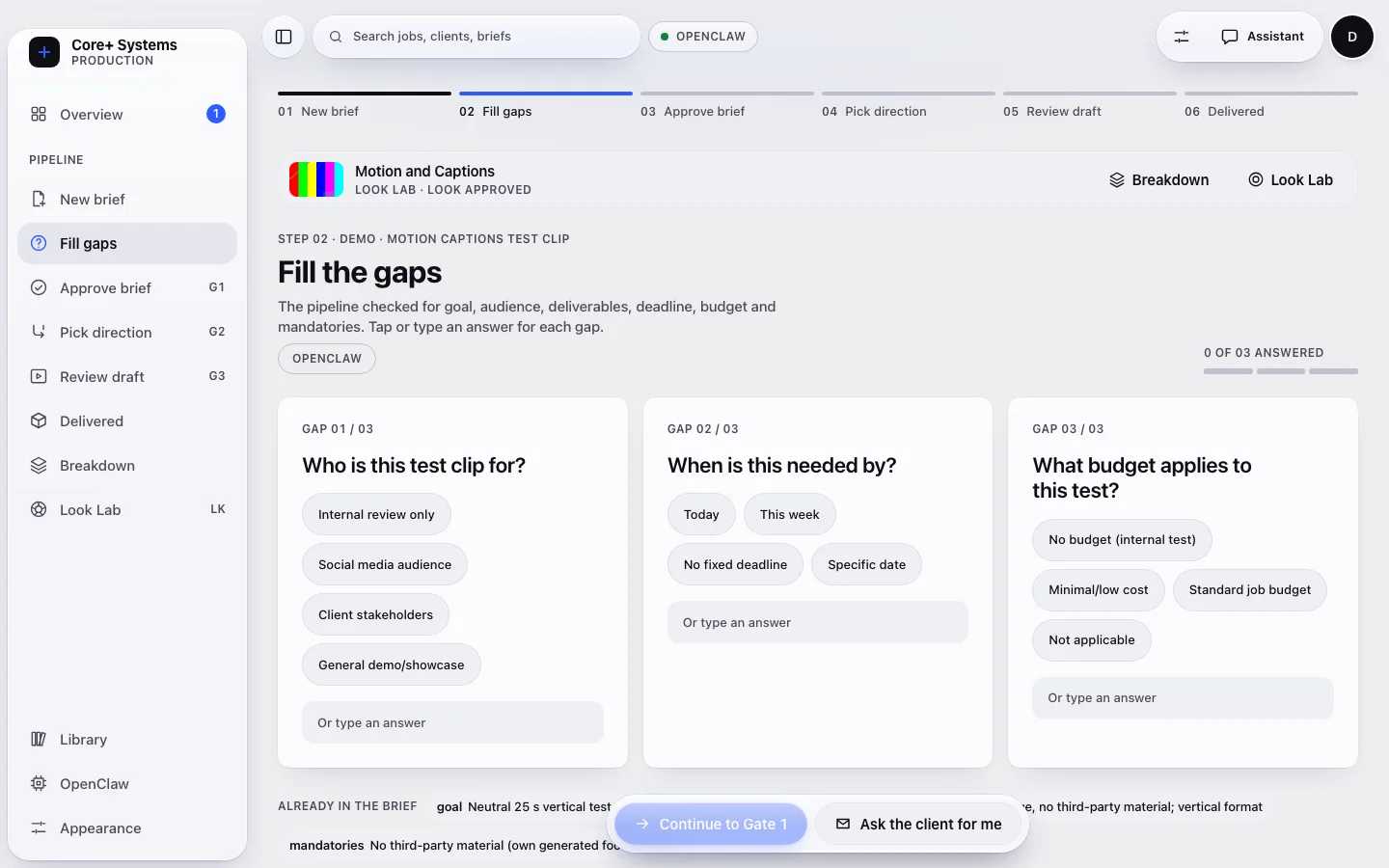 Core+ Fill the gaps screen: three open questions about a test clip's audience, deadline and budget.