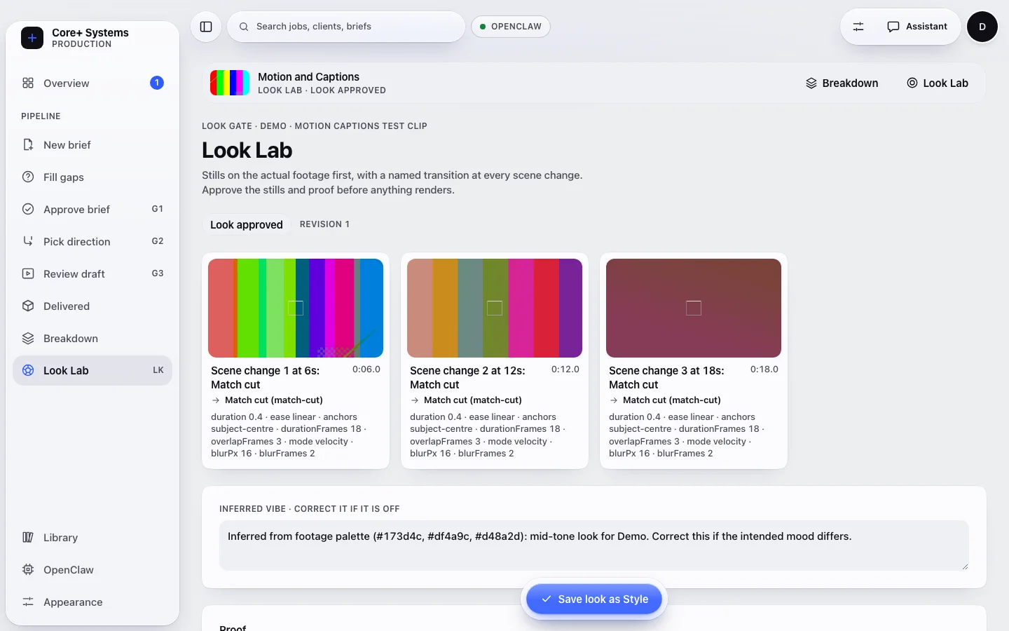 Core+ Look Lab screen: three stills from test-bar footage, each with a named match-cut transition.